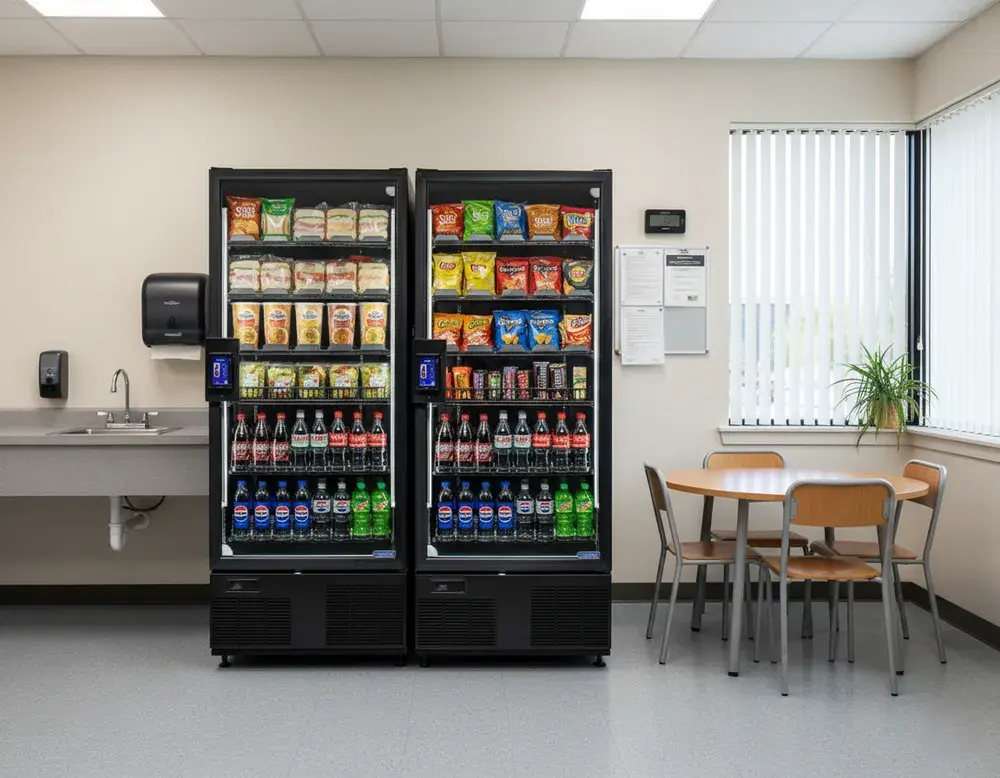 A clean, well-lit breakroom features two large, black vending machines stocked with various snacks and cold drinks. To the left is a counter with a sink, and to the right, a small round table with four chairs sits by a window with vertical blinds.